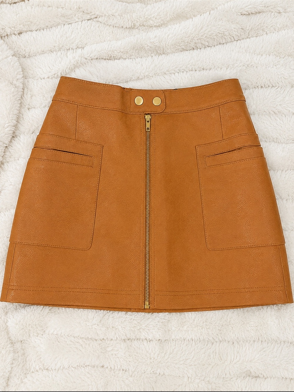 Free People Faux Leather Zip-Front Mini Skirt in Caramel